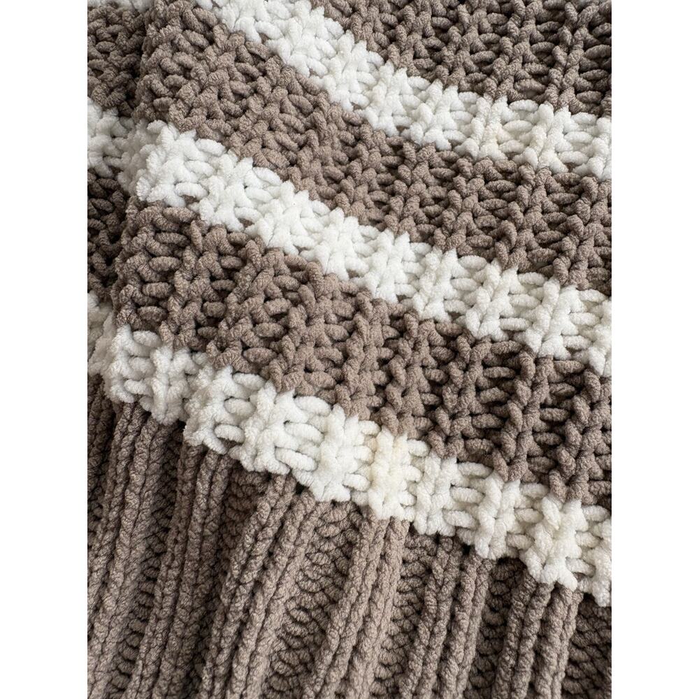 Dip Womens Sweater Crewneck Tan White Stripe Pullover Fuzzy Chennille Chunky XL - Picture 4 of 5